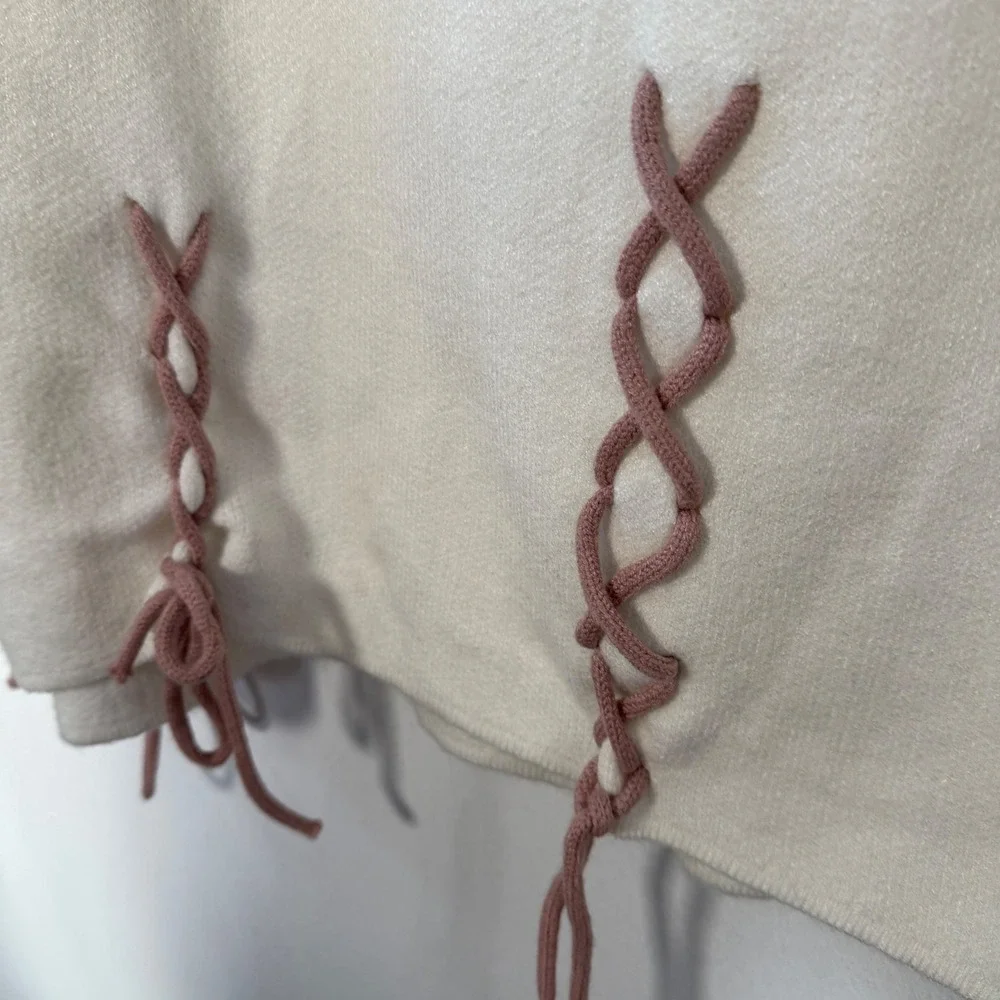 POL Cream Distressed Lace‎ Up Oversized Knit Sweater Pink Cord Detail S